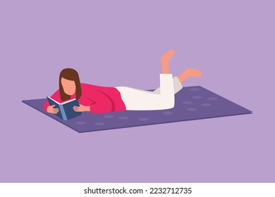 Cartoon flat style drawing young woman lying and reading books at home. Student studying and preparing for exam with textbooks. Beauty female reader with literature. Graphic design vector illustration
