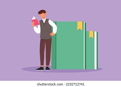 Cartoon flach gezeichnet junge Mann lesen und stehen auf großen Buch. Intelligente männliche Schüler lernen und studieren in der Bibliothek. Bildung und intellektuelle Art. Grafikdesign, Vektorgrafik