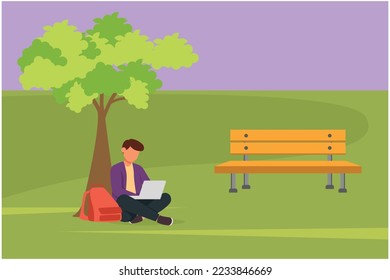 Cartoon flat style drawing young businessman sitting in park under a tree and working with laptop. Smart male student typing computer keyboard and studying outdoor. Graphic design vector illustration