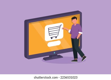 Caricatura de estilo plano dibujando a un joven parado y comprando en línea a través de una pantalla gigante de computadora con carro de compras dentro. Estilo de vida digital, concepto de consumismo empresarial. Ilustración vectorial de diseño gráfico