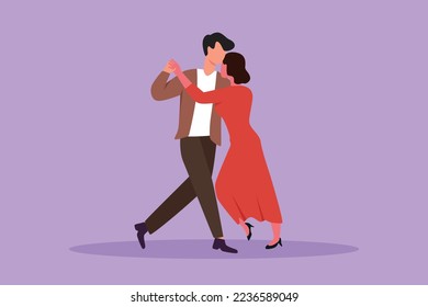 Cartoon flat style drawing young man and woman performing dance at school, studio, party. Male and female characters dancing tango at Milonga. Happy couple dancing. Graphic design vector illustration