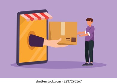 Cartoon flat style drawing young man receives package box from big hand that came out of large canopy smartphone screen. Digital delivery and online store concept. Graphic design vector illustration