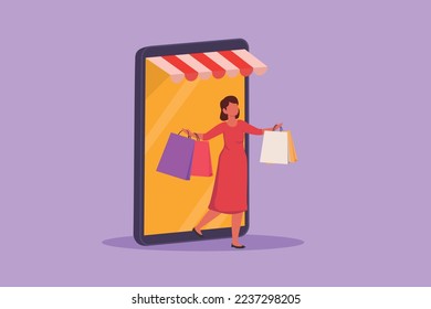 Caricatura de estilo plano dibujando a una joven que salía de la pantalla del teléfono inteligente del dosel forestal sosteniendo bolsas de compras. Venta, estilo de vida digital, consumismo. Tecnología de tiendas en línea. Ilustración vectorial de diseño gráfico