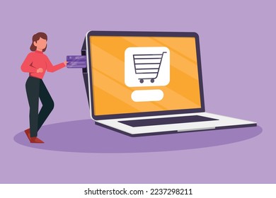Cartoon flat style drawing young woman inserting credit card into big laptop screen with shopping cart inside. E-commerce, digital payment and online store concept. Graphic design vector illustration