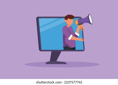 Cartoon flat style drawing young man coming out of monitor computer screen holding megaphone. Offering product with discount or sale. Digital marketing online store. Graphic design vector illustration