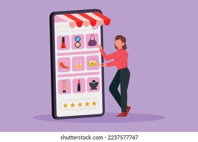 Cartoon flat style drawing young woman choosing shopping items on big smartphone screen. Digital lifestyle with internet and gadget concept. Online store technology. Graphic design vector illustration