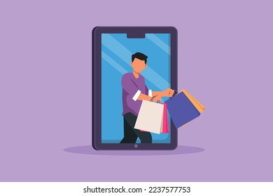 Cartoon flat style drawing young man coming out of large smartphone screen with holding shopping bags. Sale, digital lifestyle, consumerism. Online store technology. Graphic design vector illustration