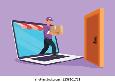 Cartoon flat style drawing young male courier comes out of laptop screen while carrying package box to customer's door. Online delivery service technology concept. Graphic design vector illustration