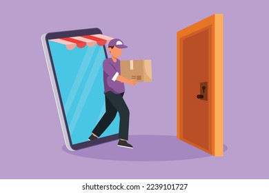 Cartoon flat style drawing of young male courier comes out of big smartphone screen while carrying package box to customer's door. Online delivery service metaphor. Graphic design vector illustration