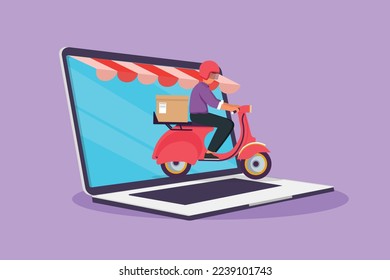 Cartoon flat style drawing young male courier riding scooter carrying package box out of big laptop screen with canopy. Online delivery service technology metaphor. Graphic design vector illustration