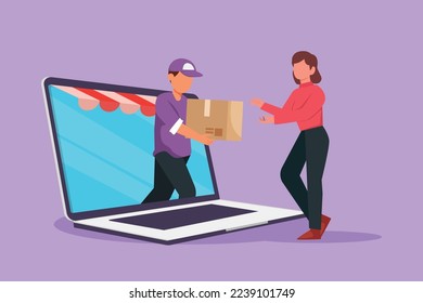 Cartoon flat style drawing young male courier comes out of canopy laptop screen and gives package box to female customer. Fast respond and online delivery metaphor. Graphic design vector illustration