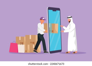 Cartoon flat style drawing young male courier deliver box package and through smartphone screen to Arab man customer. Online delivery service. Online store metaphor. Graphic design vector illustration