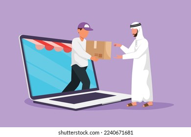 Cartoon flat style drawing young male courier comes out of canopy monitor screen and give package box to Arab man customer. Fast respond in online delivery concept. Graphic design vector illustration