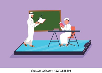 Cartoon-Flachbild-Zeichnung eines jungen arabischen Lehrers, der jungen Junior High School-Schüler, die auf Stuhl neben dem Schreibtisch sitzen und auf Smartphone-Bildschirm zu studieren. Grafikdesign, Vektorgrafik