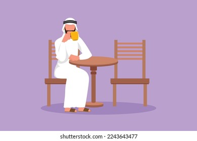 Cartoon flat style drawing young Arabian businessman relaxing while sitting at table and drinking hot flavored coffee at restaurant. Breakfast morning daily concept. Graphic design vector illustration