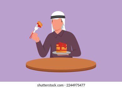 Cartoon flat style drawing young man eating creamy birthday cake at table in restaurant. Arab male eating super delicious dessert cake. Pleasure, enjoy, joy, sweets. Graphic design vector illustration