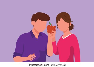 Cartoon flat style drawing young couple sharing apple. Man giving red fruit of knowledge, wisdom, mutual trust, kindness and support between teens. Providing love. Graphic design vector illustration