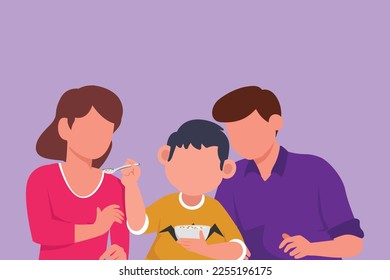 Cartoon flat style drawing young family having breakfast together with cereal and glass of milk at home. Little boy feeds his mother with love. Happy little family. Graphic design vector illustration