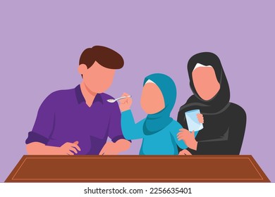 Cartoon flat style drawing young Arab family having breakfast together with cereal and milk in restaurant. Daughter feeds her father with love. Happy little family. Graphic design vector illustration
