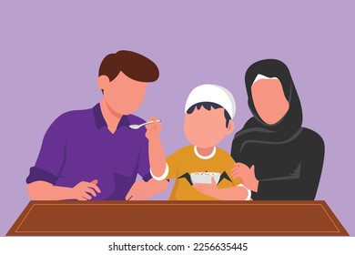 Cartoon flat style drawing of young family having breakfast together with cereal and milk in restaurant. Little boy feeds his father with love. Happy Arabian family. Graphic design vector illustration