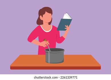 Cartoon flat style drawing young woman cooking while reading recipe book she is holding. Healthy food lifestyle concept. Happy wife cooking at home. Prepared food. Graphic design vector illustration