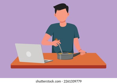 Cartoon flat style drawing young man cooking delicious meal for dinner and has video call conversation in kitchen. Talking with friend using application on laptop. Graphic design vector illustration
