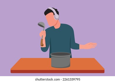 Cartoon flat style drawing young husband begin prepare family dinner while singing like rock star with kitchenware and overjoyed music playlist. Fun cooking concept. Graphic design vector illustration