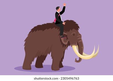 Cartoon flat style drawing of young businessman riding huge dangerous mammoth. Professional entrepreneur male character fight with predator. Successful business man. Graphic design vector illustration