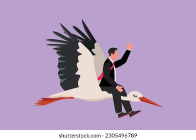 Cartoon flache Zeichnung von jungen Geschäftsmann Reiten Stork Symbol des Erfolgs. Business-Metapher-Konzept, Blick auf das Ziel, Leistung, Führung, erfolgreich. Grafikdesign, Vektorgrafik