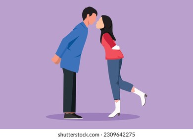 Cartoon flat style drawing young boy and pretty girl in love. Romantic Arabian couple lovers kissing each other. Happy man and woman celebrating wedding anniversary. Graphic design vector illustration