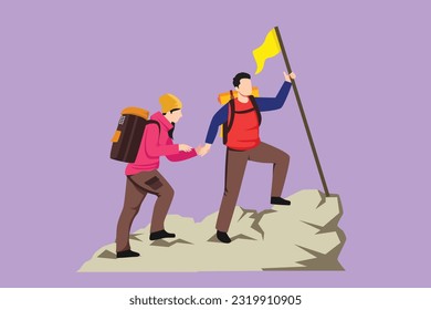 Cartoon flach gezeichnete junge Paar Mann und Frau Wanderer Touristen Rucksacktouristen Händchen stehen auf dem Hügel mit Fahne auf den Bergen. Ikone für Freizeitreisen. Grafikdesign, Vektorgrafik