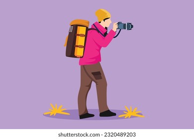 Cartoon flat style drawing young beautiful female photographer standing and taking photo using camera, tourist with backpack. Photographer with her telephoto lens. Graphic design vector illustration
