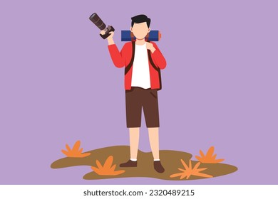 Cartoon flat style drawing young cheerful professional male photographer with camera joy make photography taking nature, traveling, hiking, holiday concept, symbol. Graphic design vector illustration