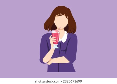 Cartoon flat style drawing young business woman holding glass of milkshake in office. Attractive lady having break at work and drink milkshake with slice of orange. Graphic design vector illustration