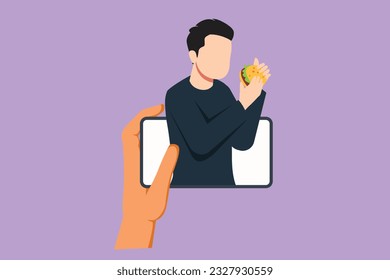 Cartoon flat style drawing young male food blogger eating burger while creating new video for his live stream channel with smartphone. Food concept logo. Gastronomy. Graphic design vector illustration