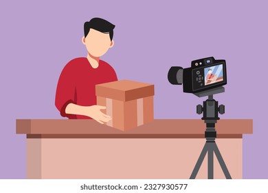 Caricatura de estilo plano dibujando al joven vlogger unbox y revisando el producto en vivo en el canal de transmisión en estudio. Influyente en medios sociales grabando video de desboxeo en casa. Ilustración vectorial de diseño gráfico