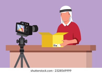 Cartoon flat style drawing young Arab male vlogger unboxing, review product live on youtube in studio. Social media influencer recording unboxing video at home logo. Graphic design vector illustration