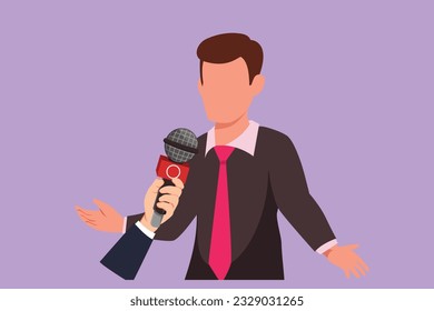 Cartoon flat style drawing young businessman giving an interview in the presence of journalists with microphones. Man gives comments and opinions for breaking news. Graphic design vector illustration