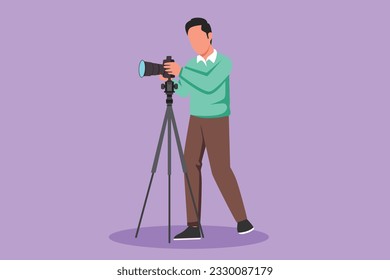 Dibujo plano de caricatura de un joven fotógrafo masculino tomando fotos usando equipo profesional, hombre activo con cámara haciendo fotos. Equipo fotográfico de estudio. Ilustración vectorial de diseño gráfico