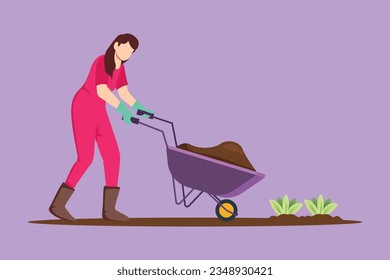 Dibujo plano de caricatura de una joven hermosa chica llevando carretilla con plantas y flores al aire libre. Hobby de casa verde. Trabajos de jardín. Florista cuidando de la planta. Ilustración vectorial de diseño gráfico