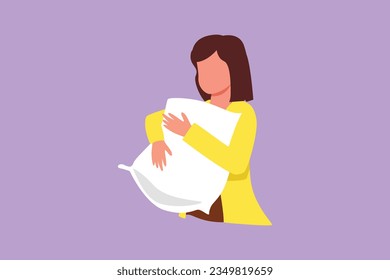 Cartoon flat style drawing young beautiful female hugs pillow. Tired girl hugging pillow. Sleepy pretty woman in pajamas hugging pillow. Sweet dream, sleep concept. Graphic design vector illustration