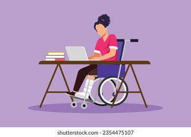 Cartoon flat style drawing young beautiful woman in wheelchair working with computer in office desk. Online job and startup concept. Physical disability and society. Graphic design vector illustration