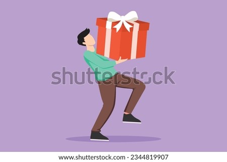 Cartoon flat style drawing young male carry big gift box. Man carrying large gift box. Bonus or special offer. Present from office or company. Celebration concept. Graphic design vector illustration