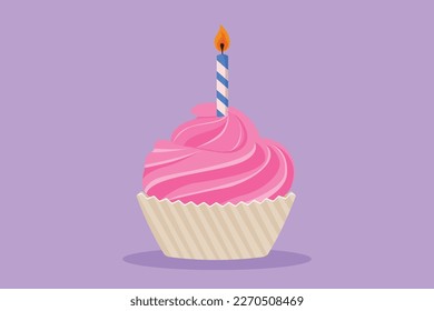 Cartoon flat style drawing yummy cupcake with candle. Sweet tasty cake. Delicious dessert for dinner. Snack birthday party. For flyer, sticker, card, logo, symbol. Graphic design vector illustration