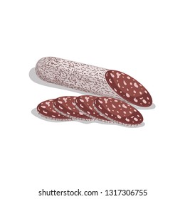 Cartoon flat style dry cured salami with slices. Italian or mediterranian meat product in bright layered cover. Vector illustration isolated on white background.