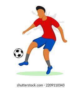 Cartoon flat style football player kicks a ball. Vector illustration