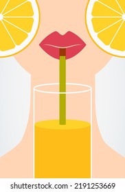 Cartoon flat style girl drinking orange juice through a straw. Vector Illustration.
