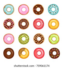 Cartoon and flat style glazed sweet donut isolated vector set. Donut dessert with chocolate and sugar illustration on white background.