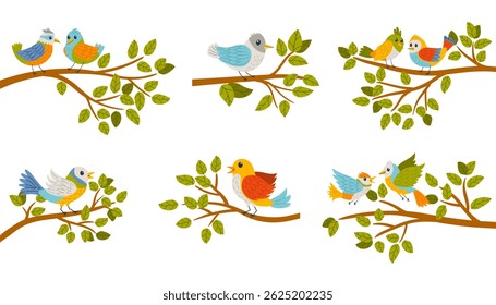 Cartoon flat style illustration of colorful birds sitting on tree branches. Bright, playful design with bright colors and a cheerful nature theme. Ideal for kids or spring topics.