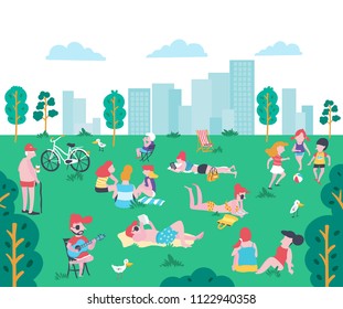 Cartoon flat style people at the park in summer, sunbathing, chitchatting, reading book, playing phone, playing guitar and ball playing kids on the green yard in city , illustration, vector